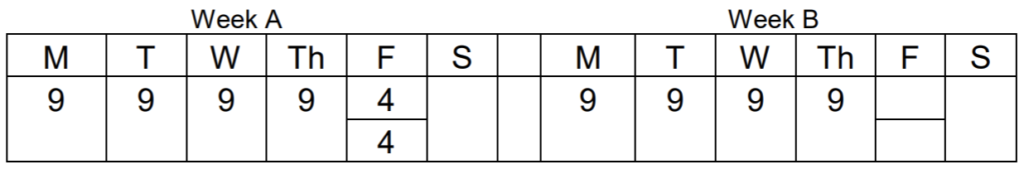 Week A, Week B Schedule Example in a Table format